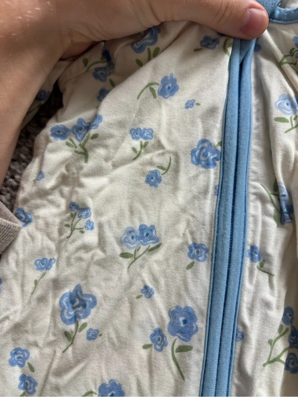 Cream and Blue Floral Kids Zip-Front Footie Pajamas